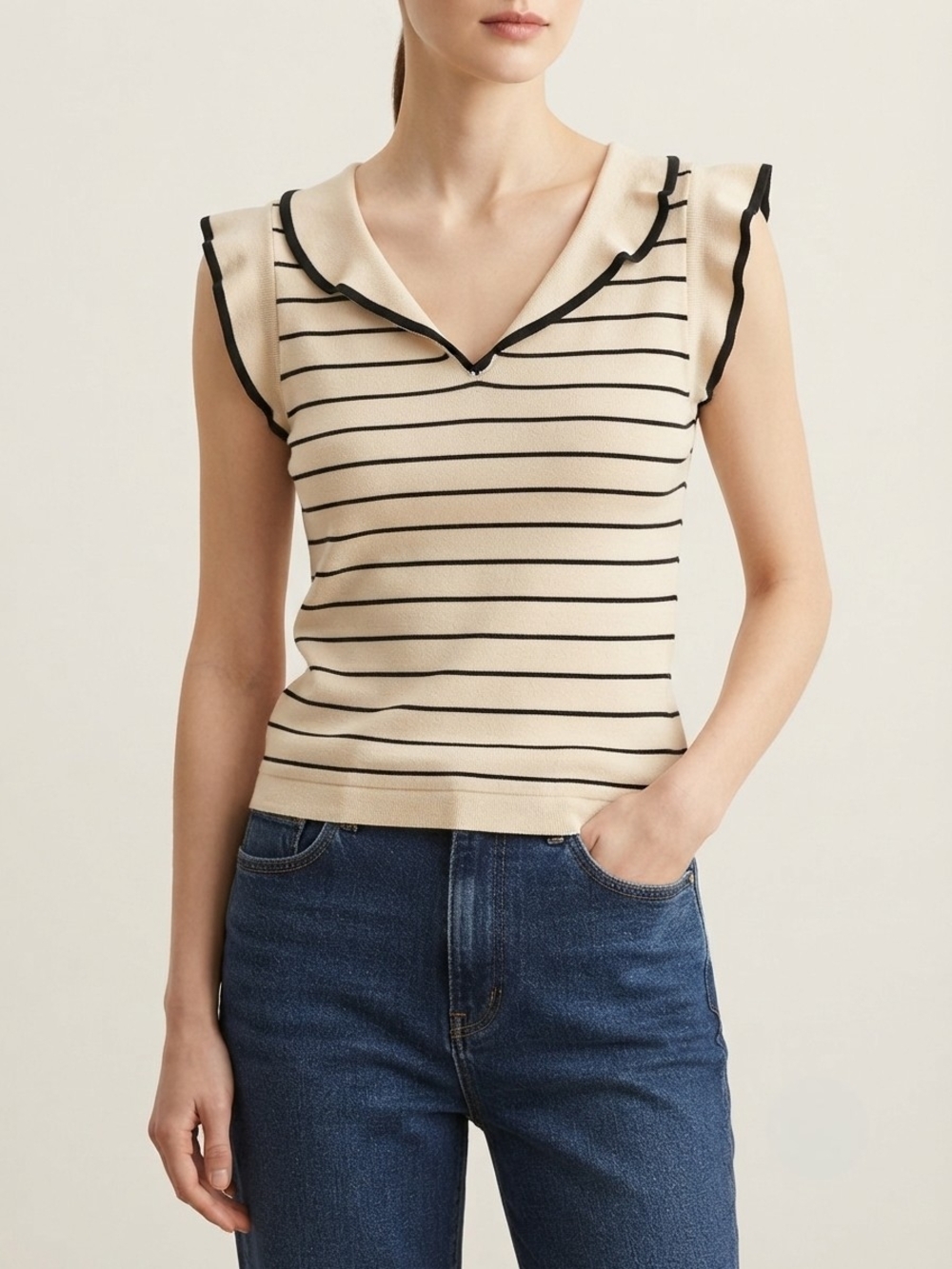 ​NWT Lian Ku Die Striped Knit Top Small Cream Black Ruffle Sleeveless Cute